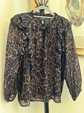 Aqua Leopard-Print Ruffle Tie-Neck Blouse in Brown and Black